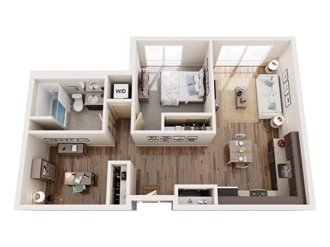 Floor plan for 1 bed, 1 bath, 631 sqft